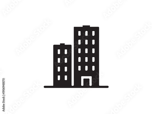 A minimalist illustration of two modern buildings standing together in an urban landscape