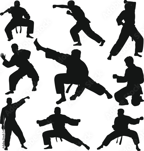 Martial Arts Silhouettes Collection Featuring Karate Fighters Performing Dynamic Kicks and Punches Isolated on White Background Combat Sport Illustration Set