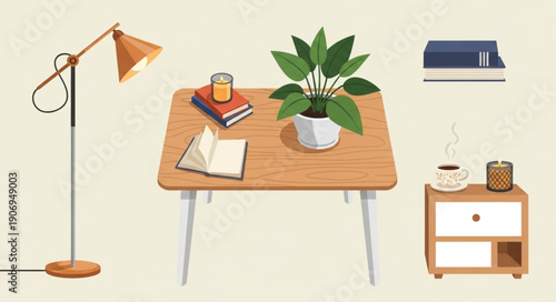 Cozy home interior scene with furniture and decor elements.