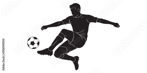 Soccer player kicking ball silhouette, male football athlete action pose, sports figure illustration, footballer motion vector, kicking posture template, sports dynamic movement art,pro