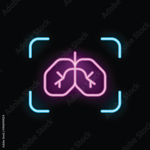 Glowing neon line icon of human lungs is situated inside a camera focus symbol against a dark background