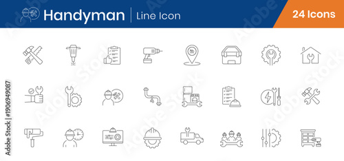 Handyman and Repair Service Outline Icons Set of 24. Tools, Maintenance, Construction Linear Vector Editable Stroke