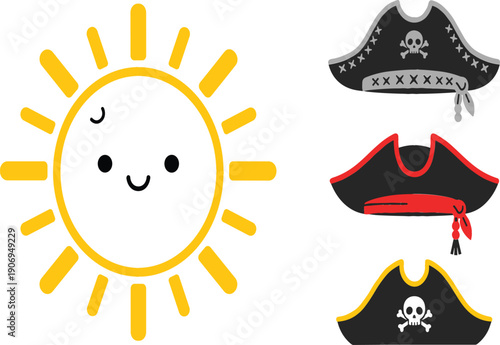 Cute smiling sun character and pirate hats collection, fun cartoon symbols for kids design and playful illustration flat vector isolated on white background