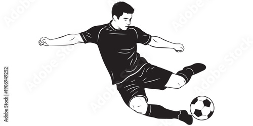 Soccer player kicking ball silhouette, male football athlete action pose, sports figure illustration, footballer motion vector, kicking posture template, sports dynamic movement art,pro
