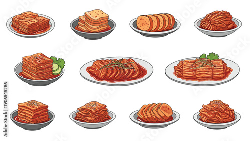 Large variety of traditional korean kimchi dishes served in small plates and bowls on a clean white background.