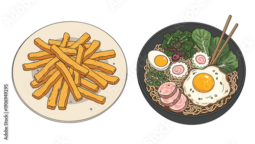 Plate of crispy french fries and a bowl of delicious ramen noodle soup with egg and vegetables in a detailed drawing.