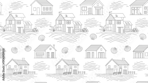 Repeating black and white pattern of various small houses and beach shells on a clean and simple white background.