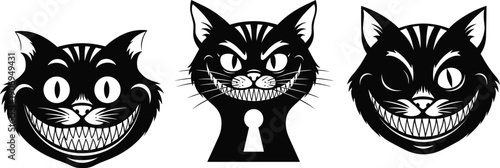 Cheshire Cat Vector Illustration Set Featuring Creepy Grinning Feline Faces with Sharp Teeth Keyhole Neck and Winking Expression for Halloween