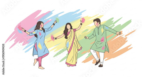 People celebrating Holi festival throwing colored powder joyful dance and cultural tradition vector illustration on white background