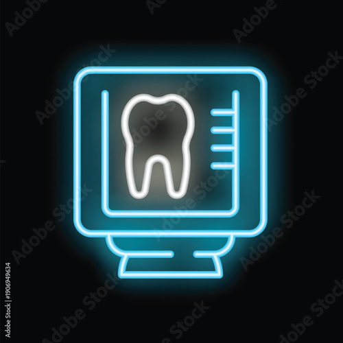 Glowing neon line icon of a dental x ray showing a tooth on a monitor screen, representing modern dentistry and technology