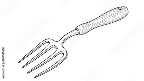 Detailed line art drawing of a gardening hand fork with a smooth wooden handle on a plain white background illustration.