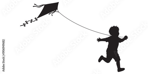 Happy children silhouette vector illustration, kids jumping, running, flying kite, skipping rope, holding balloons, riding scooter, outdoor fun and joyful childhood activity design