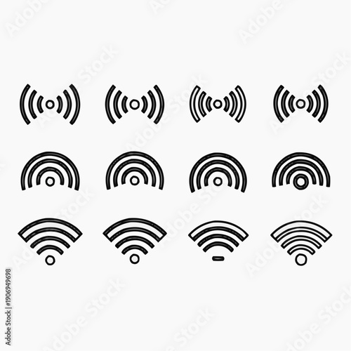 Collection of Various Wireless Signal Icons, Wi-Fi and Connectivity Symbols, Remote Signal Waves, and Network Strength Indicators on a White Background