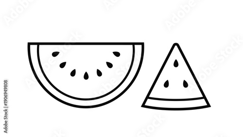 Black and white line art depicting a half-watermelon and a single wedge, perfect for educational or coloring purposes.