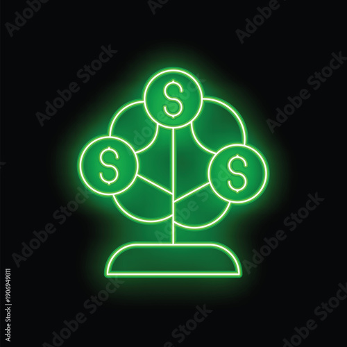 Green neon icon of a money tree representing growing wealth and financial success