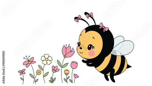 Adorable cartoon honey bee with pink bows flying happily through a garden of small, colorful wildflowers on a white backdrop.