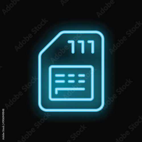 Blue neon icon of sim card glowing on black background