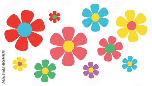 Multi-colored retro flower graphics in a flat design style, featuring simple shapes and bold colors for decorative use.