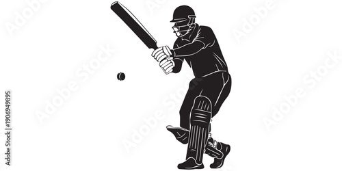 Cricket player silhouettes in dynamic action, vector sports illustration with gear icons, perfect for game design, training, competition, and athletic branding, pro