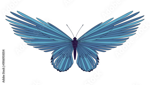 Stunning blue butterfly illustration with expansive wings made of layered feathers, showing detailed symmetry and color.