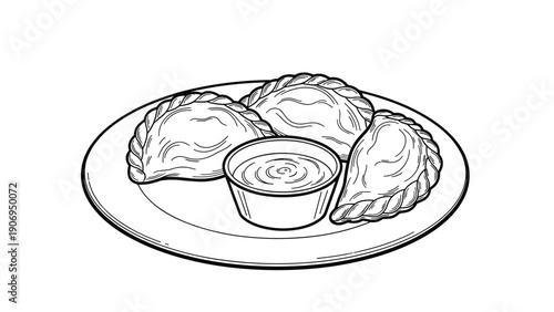 Line drawing of three pan-fried dumplings served on a plate with a central dipping sauce bowl in a clean black and white style.