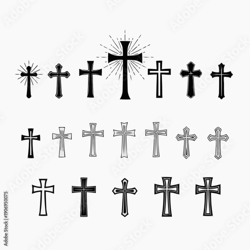 Diverse Collection of Stylized Christian Crosses Vector Set, Featuring Various Religious Symbols and Graphic Elements for Spiritual and Decorative Design Projects