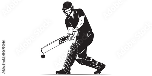 Cricket player silhouettes in dynamic action, vector sports illustration with gear icons, perfect for game design, training, competition, and athletic branding, pro