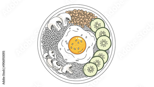 Healthy ramen bowl illustration from a top-down perspective, featuring noodles, a fried egg, mushrooms, cucumber slices.
