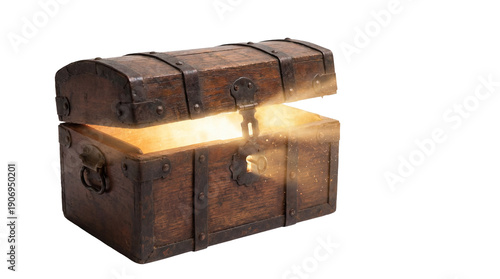 Antique wooden treasure chest opening with bright light on transparent background