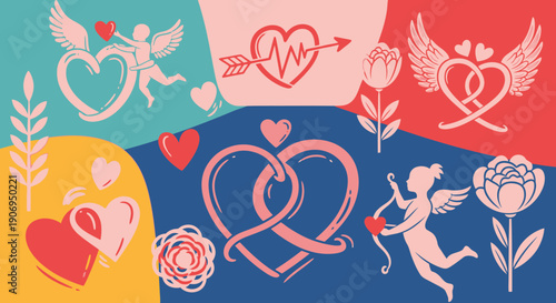 Vibrant Valentine's Day graphic with hearts and cupids in colorful design