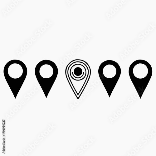 Five location pin icons, one of which is designed with concentric circles, symbolizing distinct choices or highlighted destinations within a set of options, presented against a white background