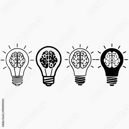 Set of four icons depicting light bulbs with internal brain outlines, symbolizing innovation, ideas, and intelligence, presented in both black and white outlines and solid black fills