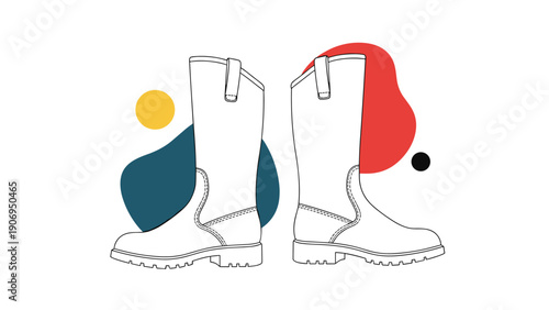 Simple line drawing of two tall rubber work boots with abstract background shapes in red, yellow, and navy blue colors.