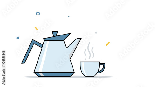 Minimalist illustration of a white and blue coffee pot next to a steaming cup, featuring simple lines and clean design.