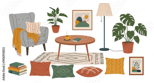 Cozy Living Room Scene with Armchair and Coffee Table.