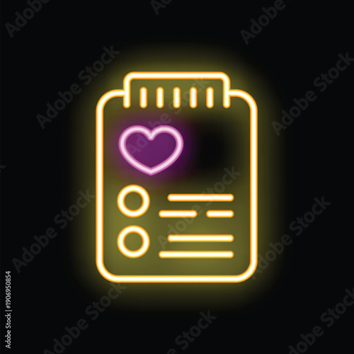 Neon glowing icon of clipboard with heart for romantic wish list or love notes