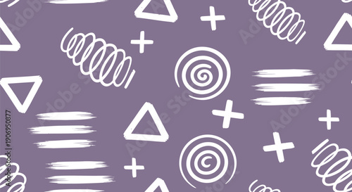 Vector memphis pattern with white geometric shapes on purple background, seamless design for banner or poster or website background, texture or overlay effect