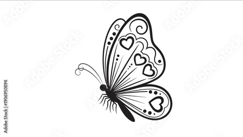 Detailed black and white ornamental butterfly with heart patterns on its wings, perfect for decorative art or coloring.