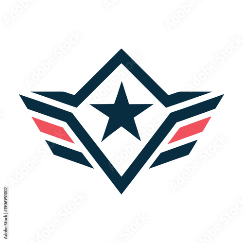 Blue and red star emblem with dynamic wings and stripes symbol
