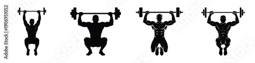 Silhouette of Man Lifting Barbell – Weightlifting Exercise Vector Illustration, Strength Training, Fitness Workout, Bodybuilding, Powerlifting and Gym Motivation Concept for Sports and Health Design