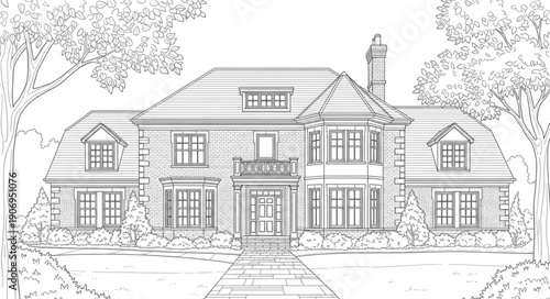 Detailed black and white illustration of a large luxurious house with garden.