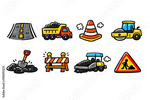 Collection of cartoon construction site icons and vehicles for road repair