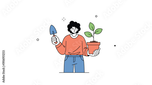 Person holding a gardening trowel and a small potted plant is shown in a clean flat illustration style for hobby and nature concepts.