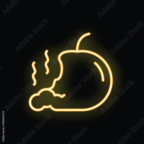 Neon light icon of a rotten apple releasing a bad smell, representing concepts like food waste, decay, and unpleasant odors