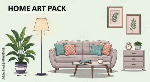 Cozy Living Room Scene with Sofa and Plants.