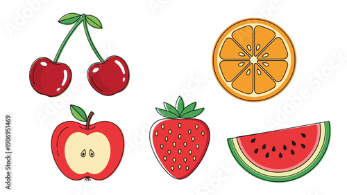 Small set of fruit icons includes cherry, orange, apple, strawberry, and watermelon slice in a simple and colorful vector design style.