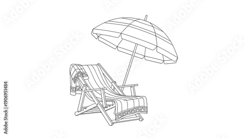 Minimalist line art depicts a classic striped beach chair and a large sun umbrella, capturing the essence of a relaxing summer vacation.