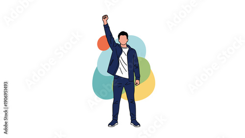 Determined young man raising his fist in the air as a sign of protest or victory against a colorful abstract background.