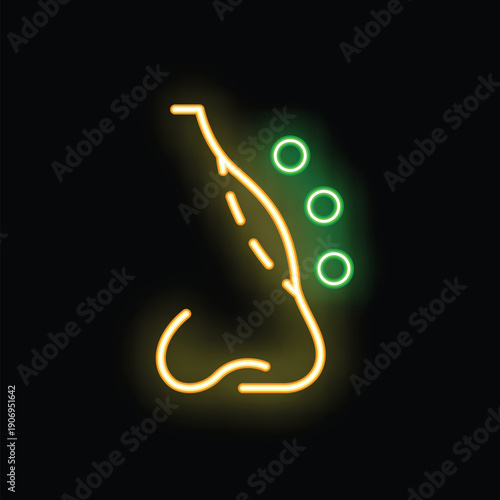 Neon sign illustrating rhinoplasty or sinus issues, featuring glowing lines and circles on a dark background