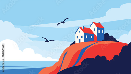 Minimalist illustration of two small houses standing on a steep red cliff overlooking the ocean under a blue sky with birds.